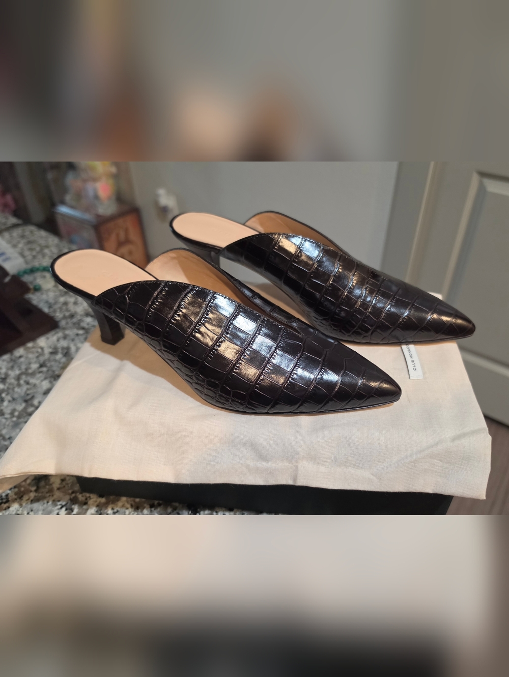 Club Monaco Dark Brown Croc-Embossed Pointed Toe Mules